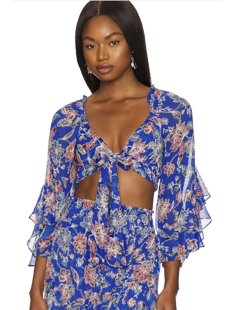 Misa Ancora Floral Tie Crop Top Blouse Blue Nwt Size Small